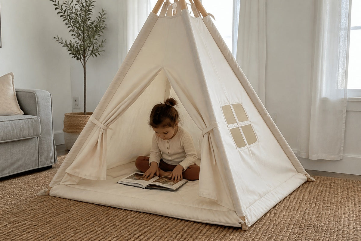A child reading inside a Cloud Cotton padded teepee, a quiet corner in a bright living room