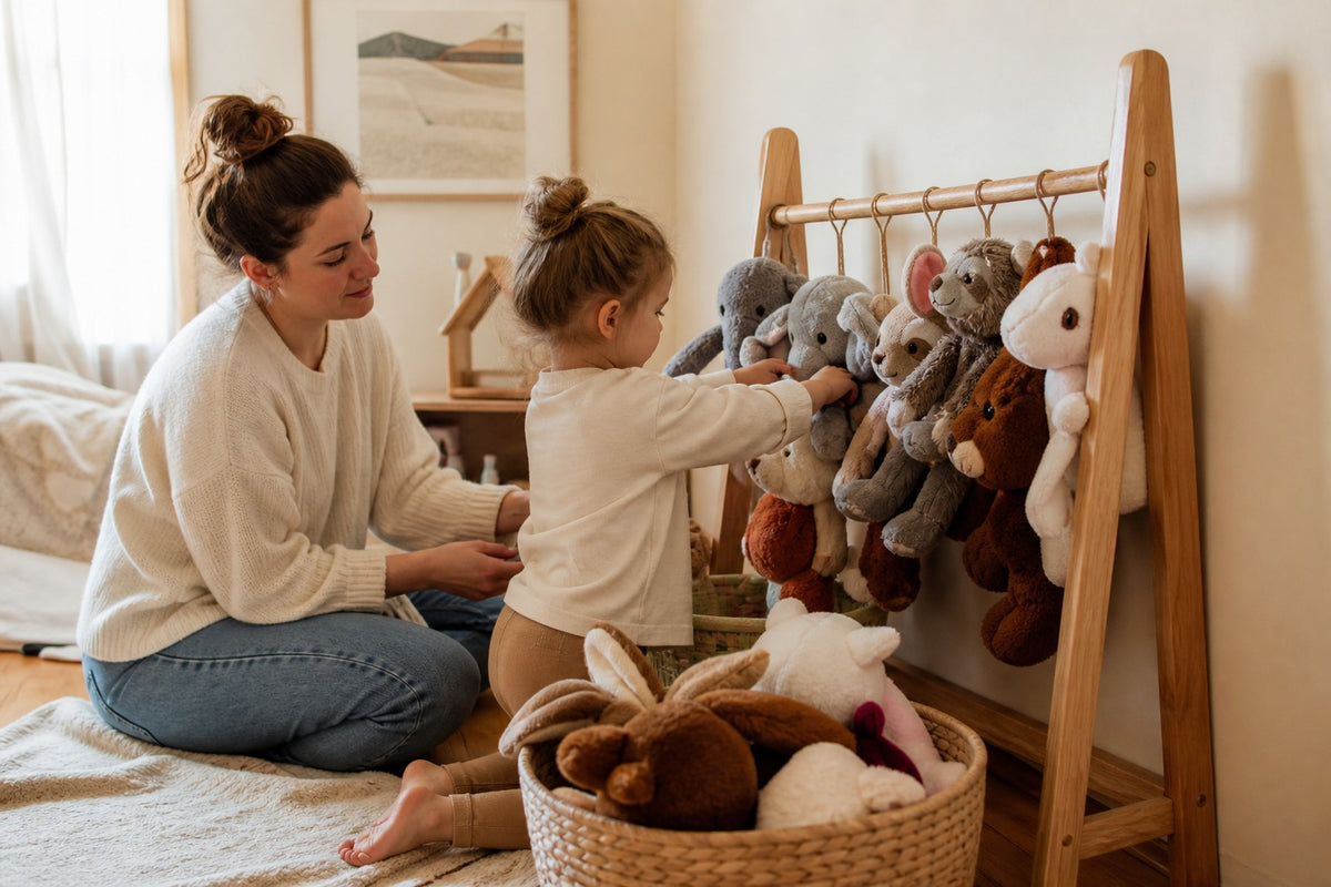 A parent and child hanging stuffed animals on the CampCuddle wooden storage rack