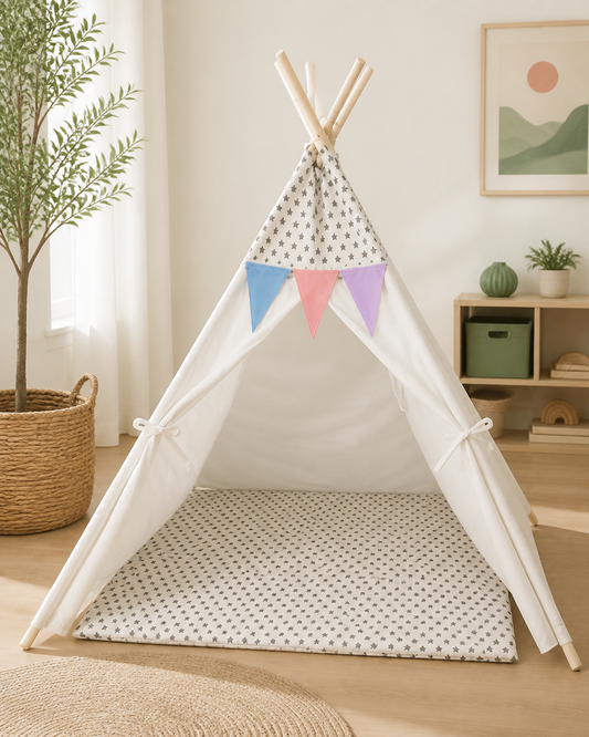 Starlight Padded Teepee styled in a soft neutral playroom