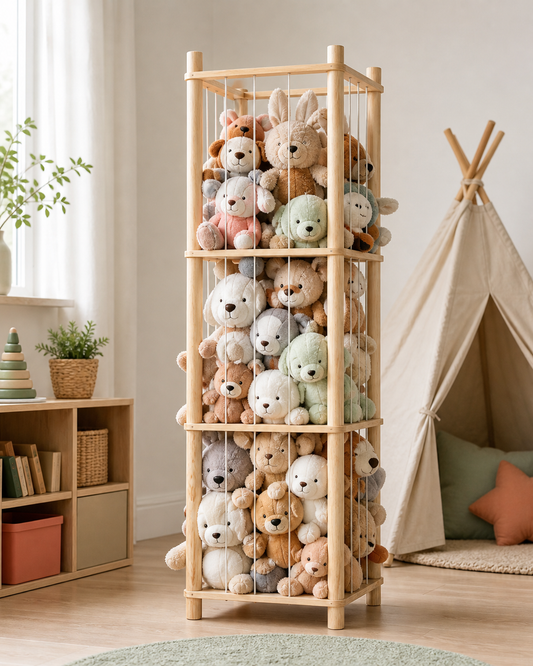 Stuffed animal storage rack styled in a playroom beside a teepee