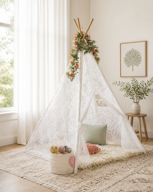 Willow Lace Teepee styled in a light, airy nursery