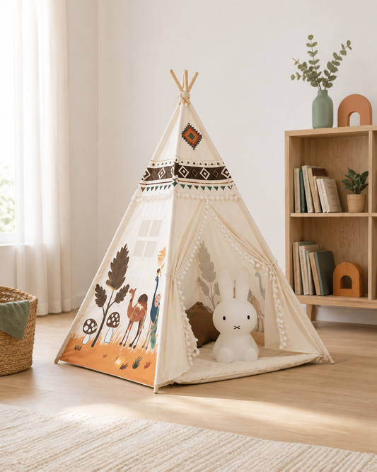 Woodland Friends Teepee styled in a neutral bohemian playroom