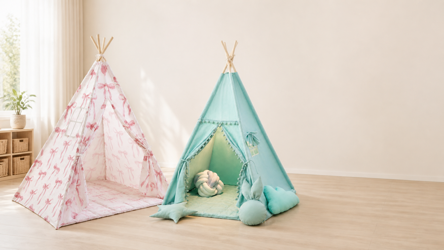 Two kids teepee tents, one pink patterned and one soft teal, in a bright playroom