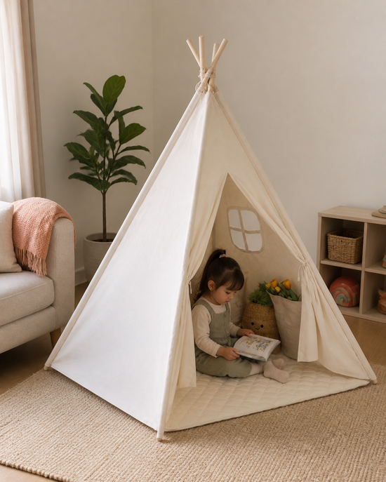 Styled visualization of the Cloud Cotton Padded Teepee as a reading corner at home