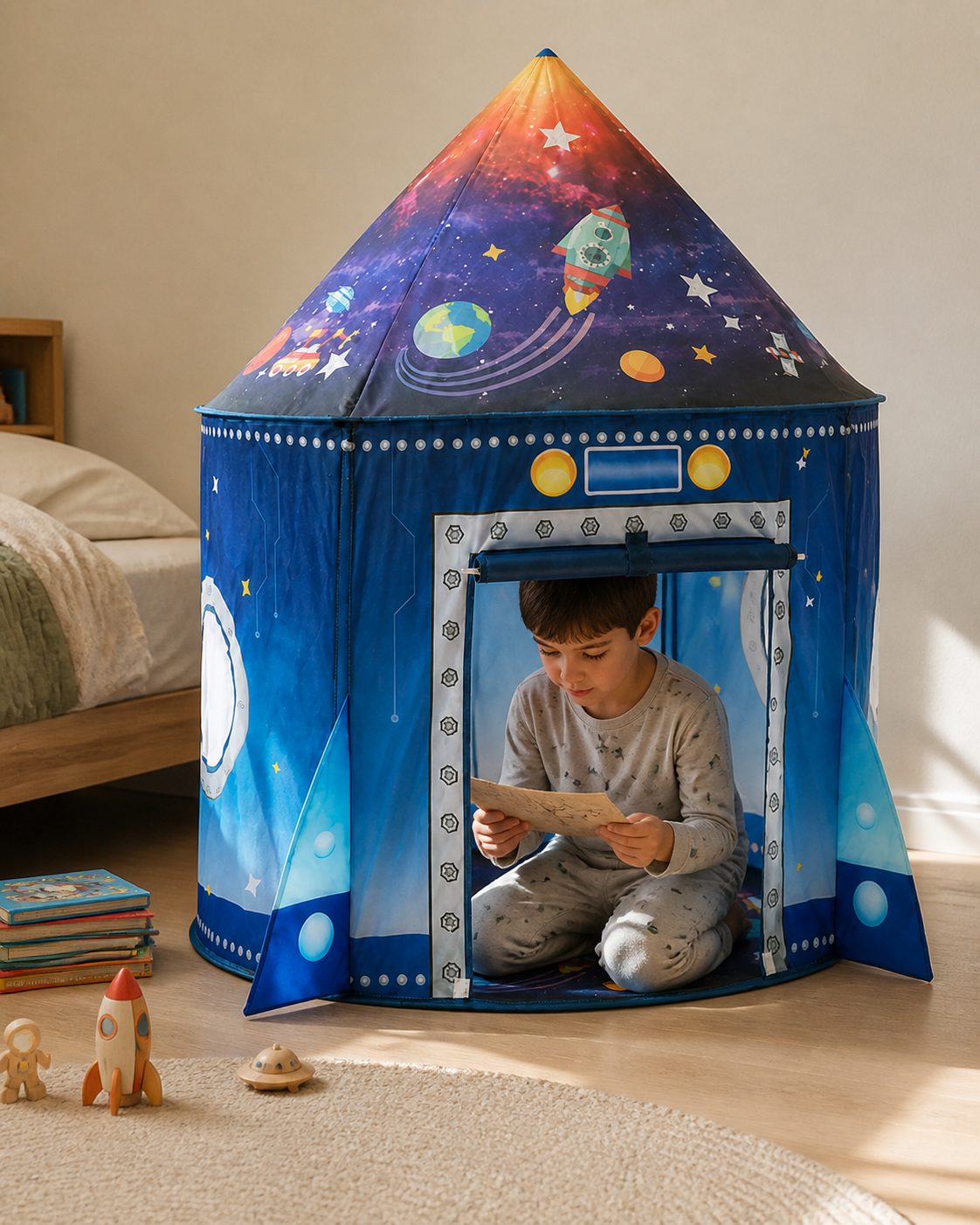 Styled lifestyle visualization: Galaxy Rocket Play Tent in a bedroom