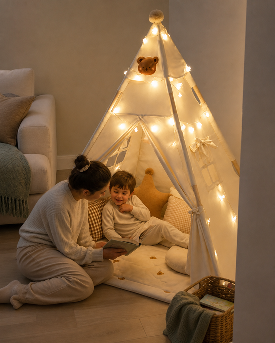 Styled visualization of the Honey Bear Light-Up Teepee at bedtime