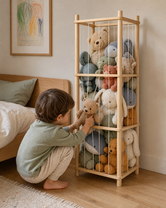 Styled visualization of a child choosing a plush toy from the storage rack at home