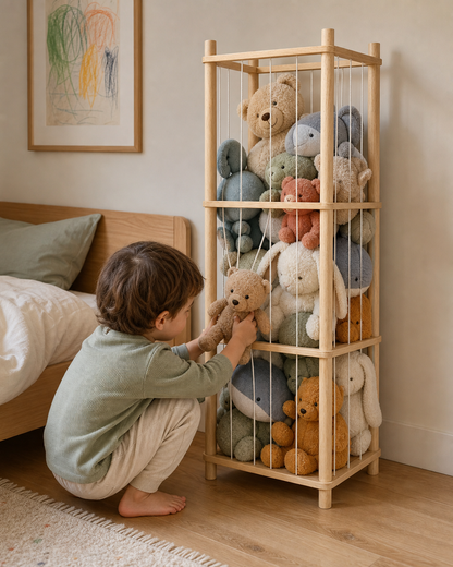 Styled lifestyle visualization: choosing a plush toy from the CampCuddle storage rack at home