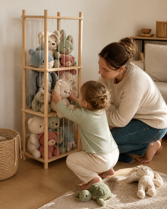 Styled visualization of family tidy-up time with the stuffed animal storage rack