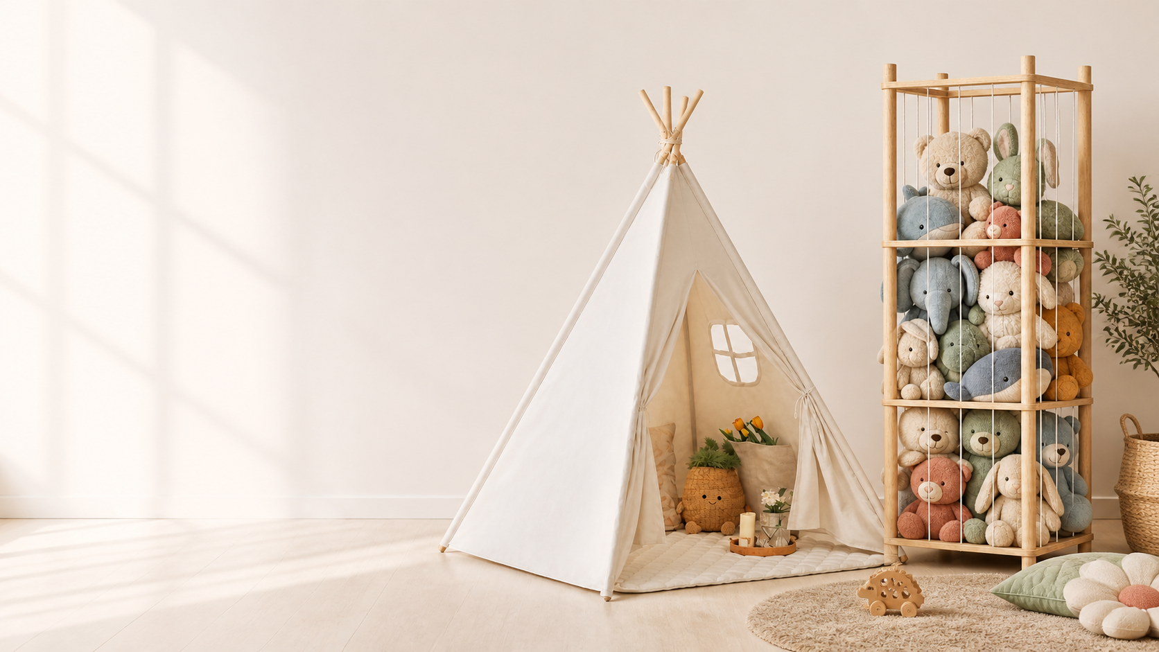 Cream kids teepee tent beside a wooden stuffed animal storage rack in a bright playroom