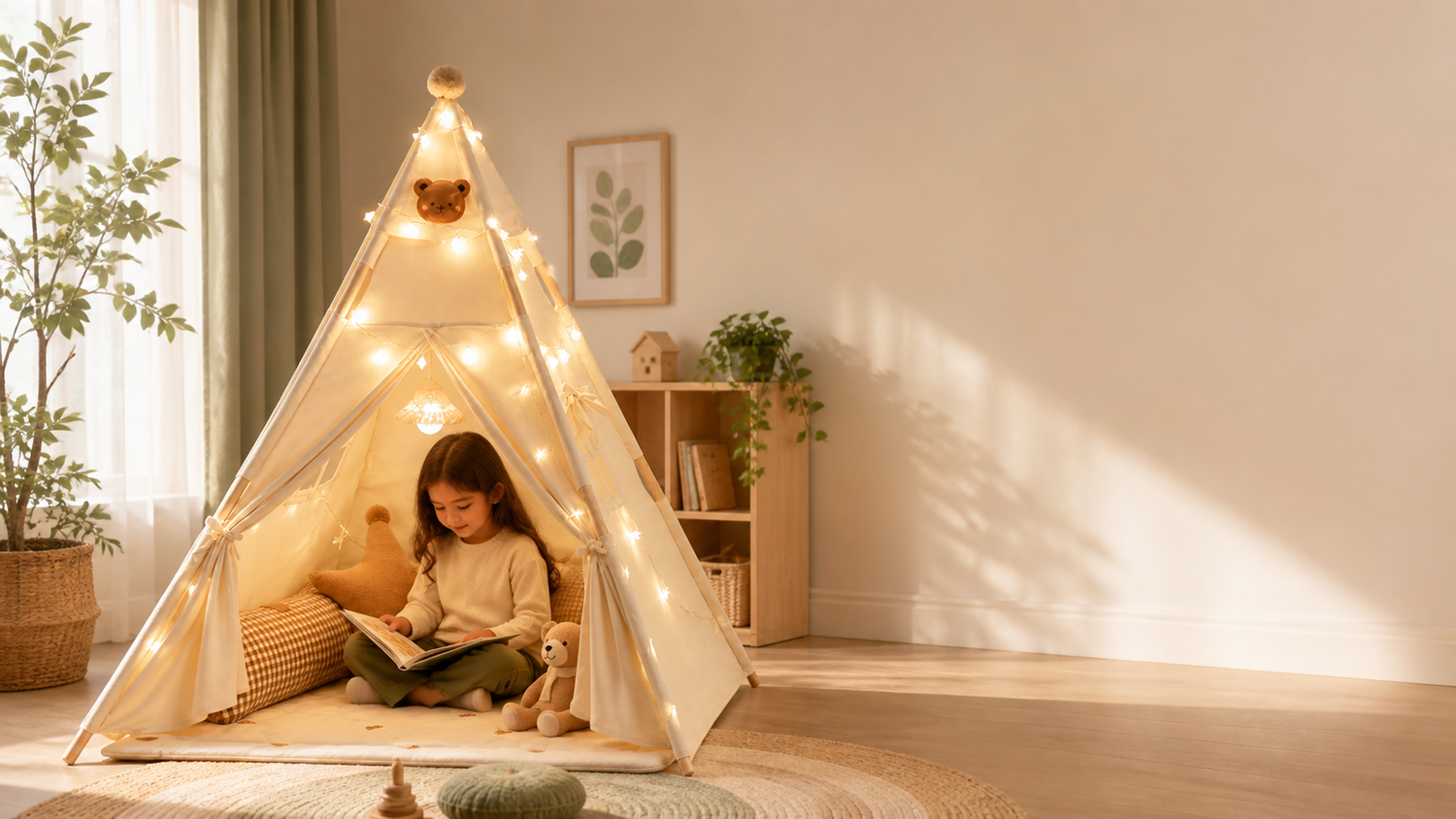 Child reading by warm string lights inside a cream teepee tent