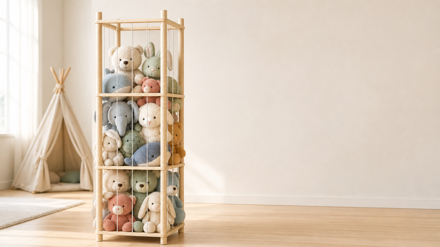Wooden stuffed animal storage rack filled with plush toys next to a teepee