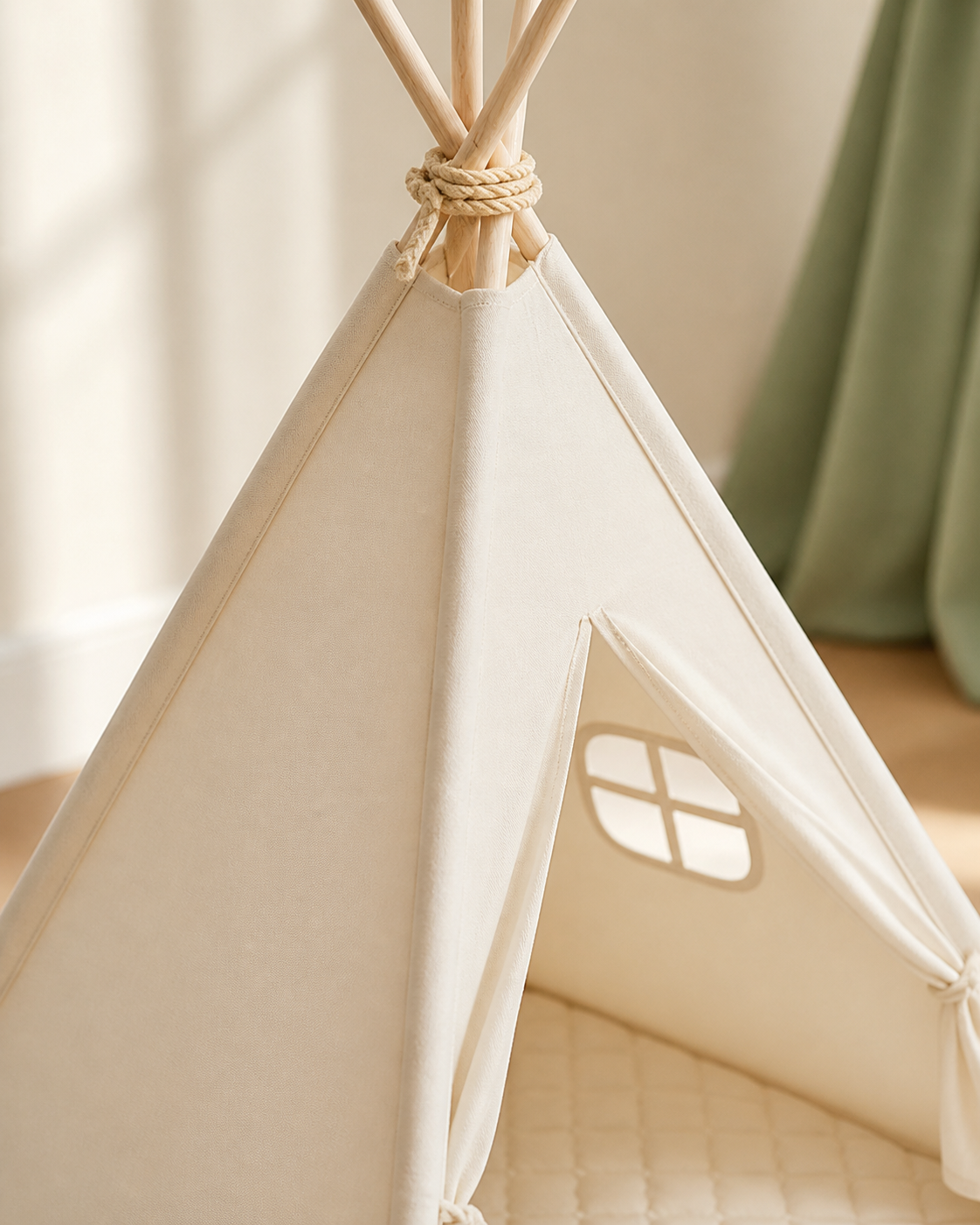 Close-up of the padded panel and window detail on the Cloud Cotton Padded Teepee