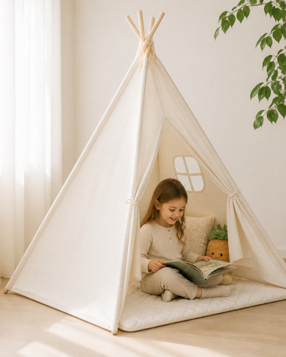 Child reading inside the Cloud Cotton Padded Teepee