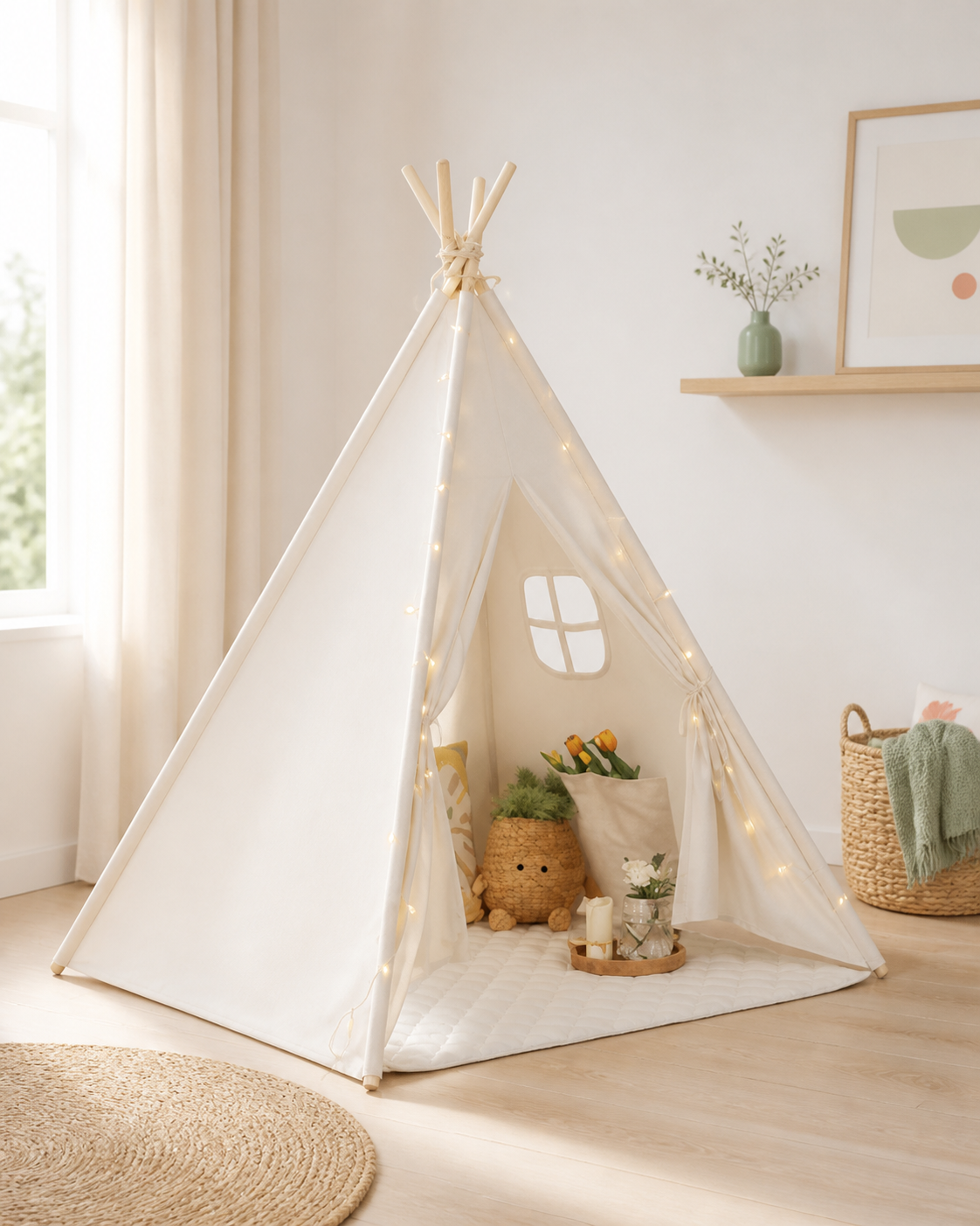 Cloud Cotton Padded Teepee styled in a bright playroom with pale oak floors