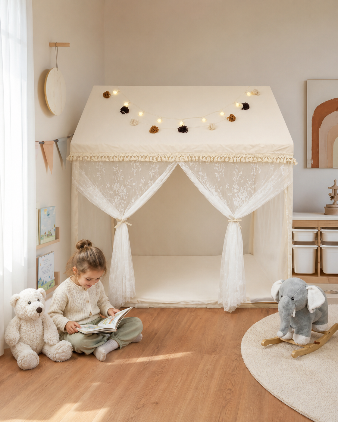 Child playing under the Cloud Palace Canopy