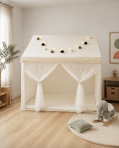 Cloud Palace Canopy styled in a bright neutral playroom