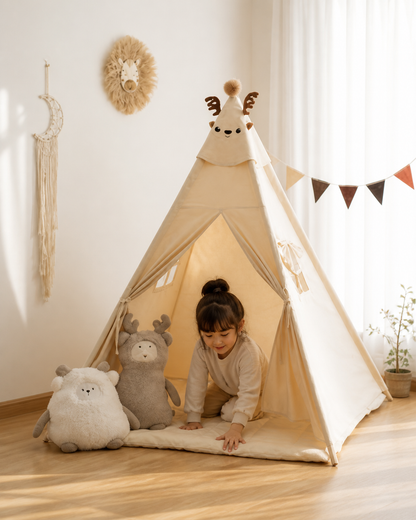 Child playing with stuffed animals inside the Cuddle Camp Teepee