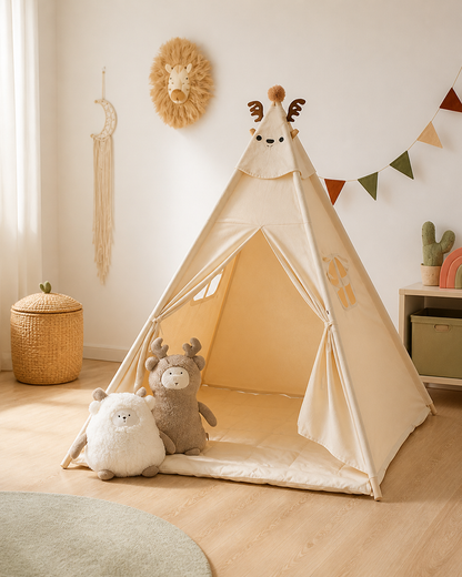 Cuddle Camp Teepee styled in a calm neutral playroom