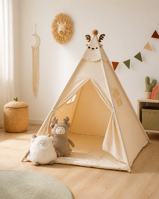 Cuddle Camp Teepee styled in a calm neutral playroom