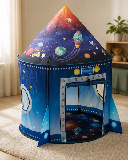 Close-up of the planet and star print on the Galaxy Rocket Play Tent