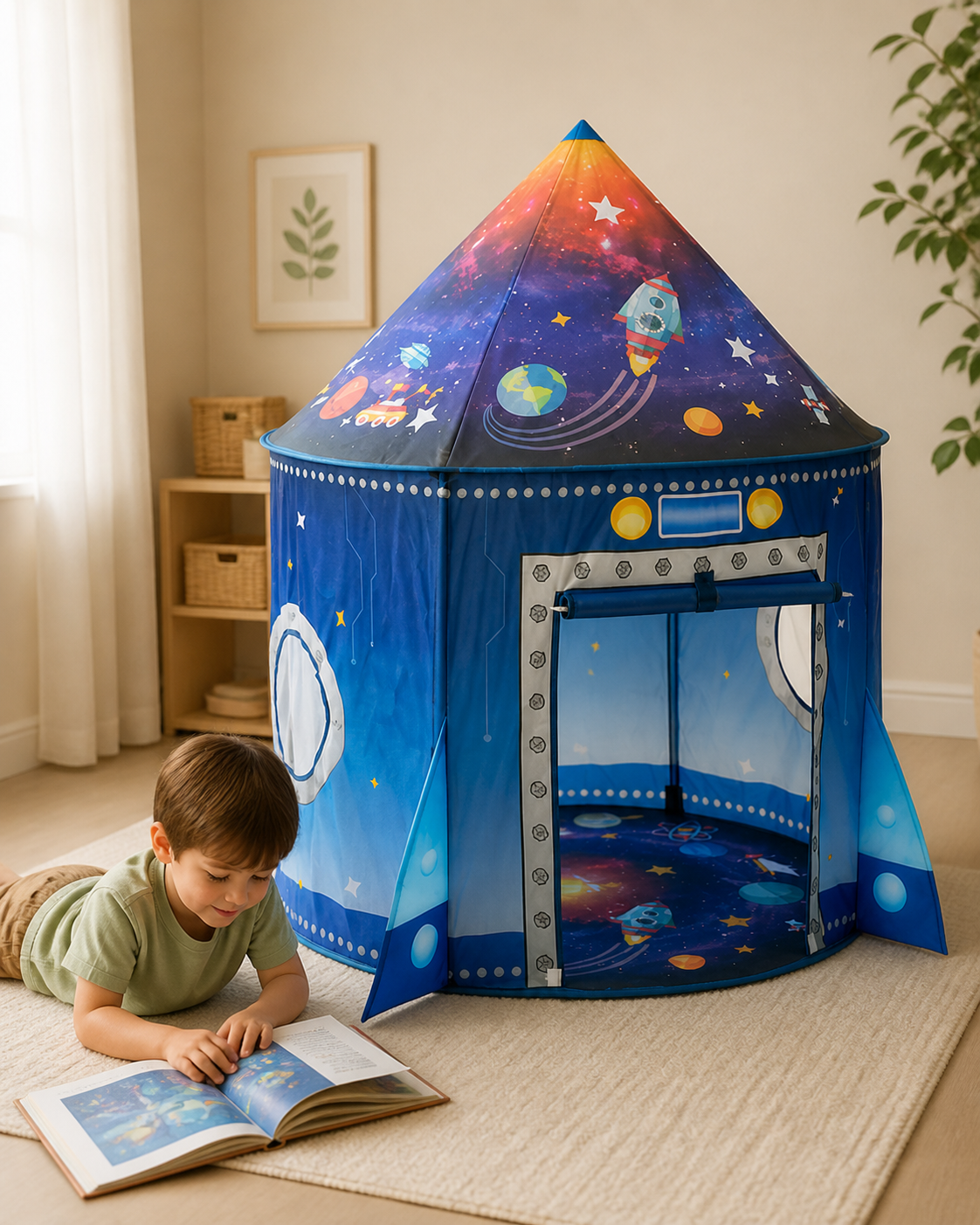 Child playing inside the Galaxy Rocket Play Tent