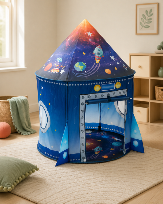 Galaxy Rocket Play Tent styled in a modern playroom
