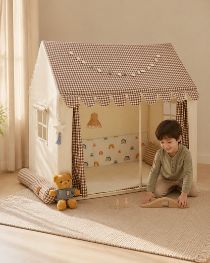 Child playing inside the Gingham Cottage Playhouse