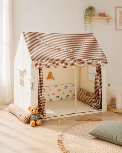 Gingham Cottage Playhouse styled in a warm playroom scene