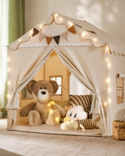 Close-up of the lights and bunting on the Grand Cuddle Playhouse