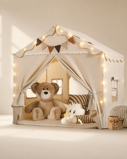 Large cream kids playhouse tent with lights and bunting on a warm studio background