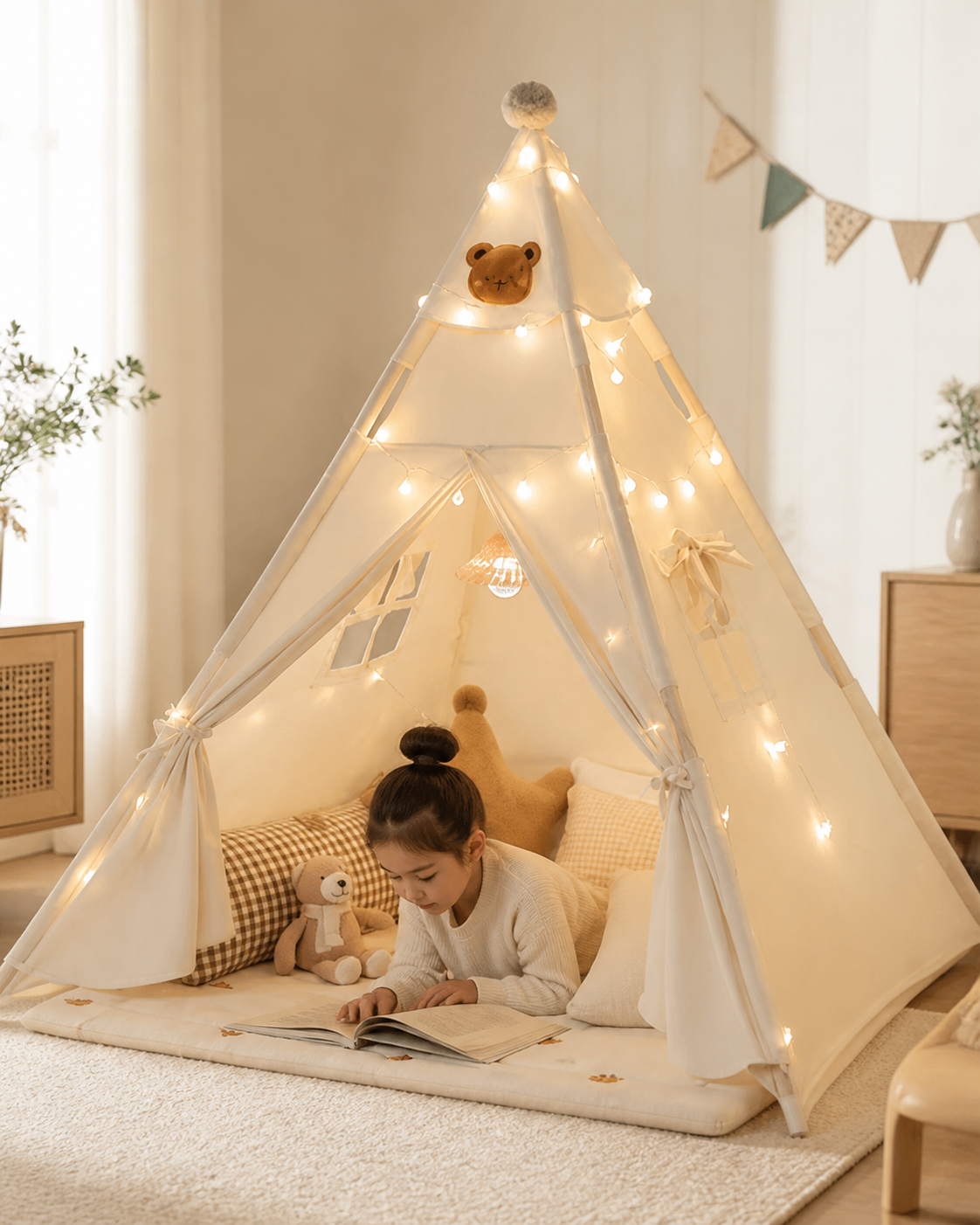Child reading by the glow inside the Honey Bear Light-Up Teepee