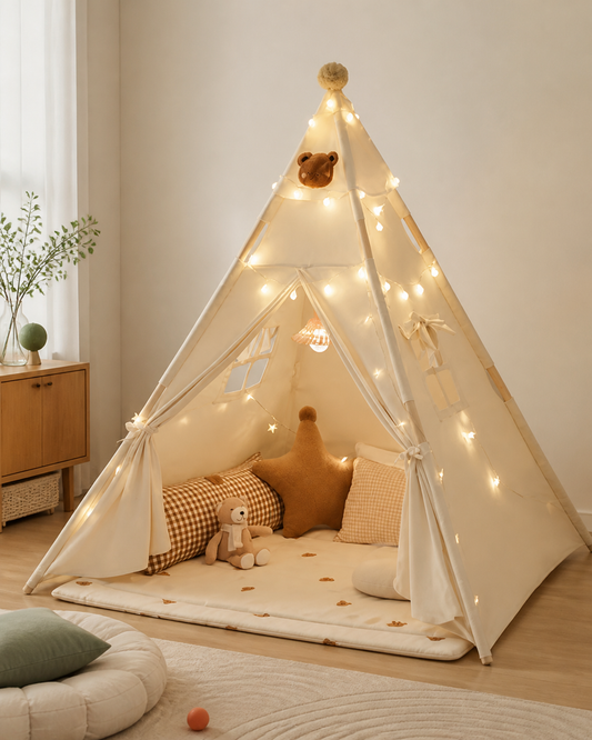 Honey Bear Light-Up Teepee glowing in a cozy evening bedroom