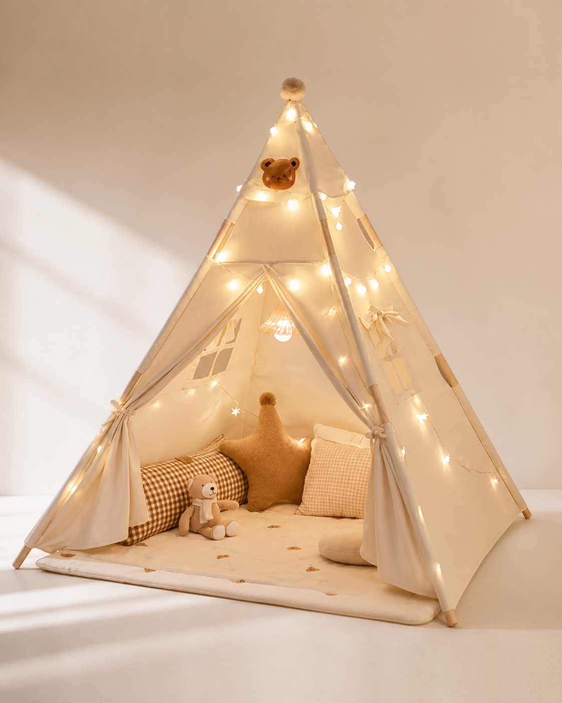 Cream kids teepee tent glowing with warm string lights on a warm studio background