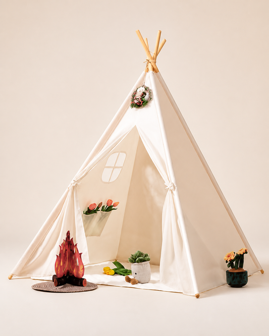 White kids teepee tent with a picture window on a warm studio background