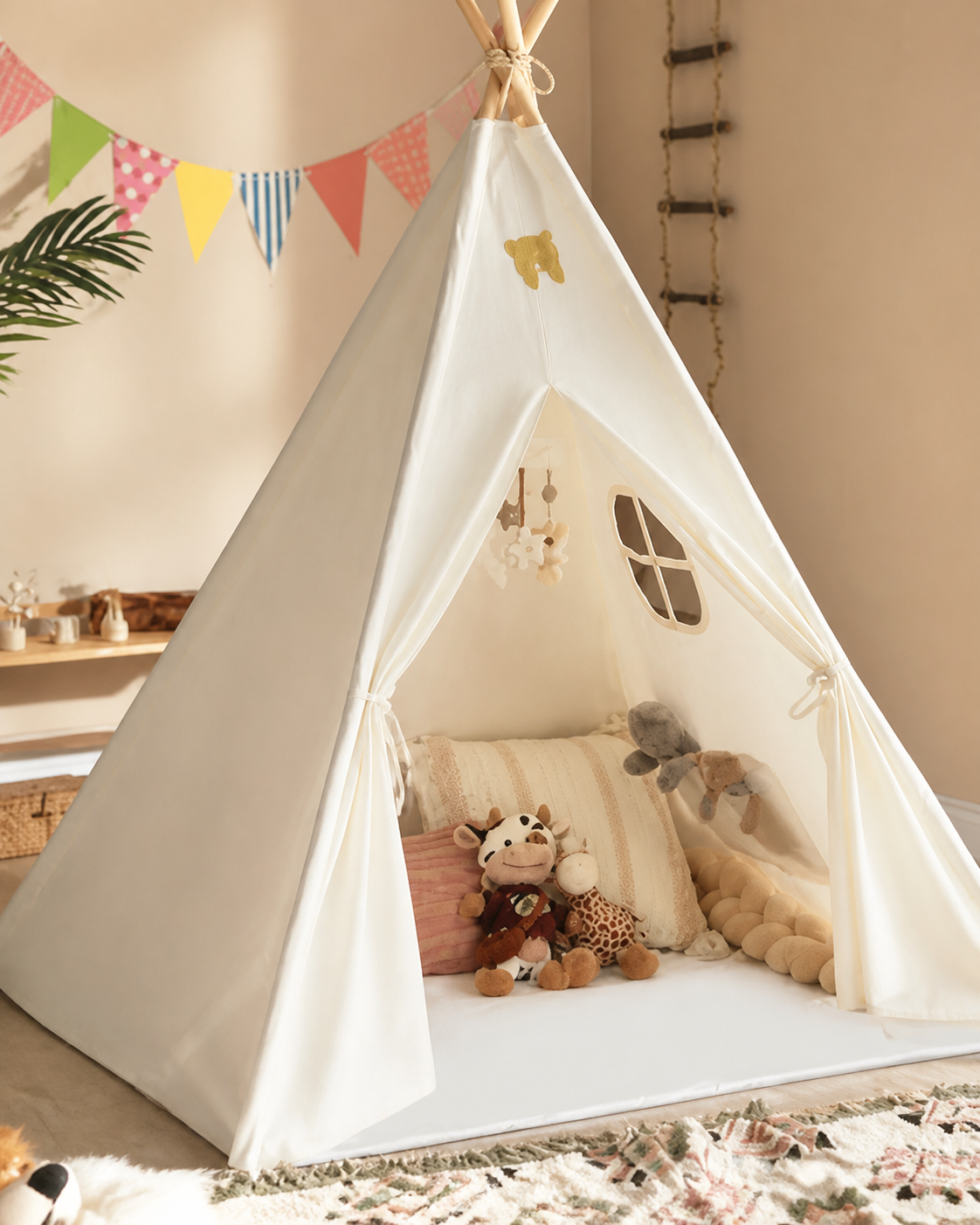 Close-up of the canvas and frame detail on the Meadow Sleepover Teepee