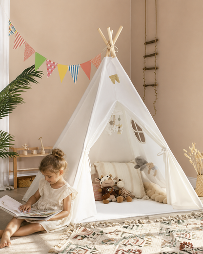Child resting inside the Meadow Sleepover Teepee