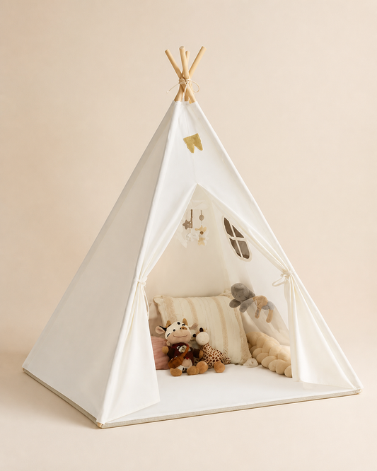 Minimal white kids teepee tent on a warm studio background