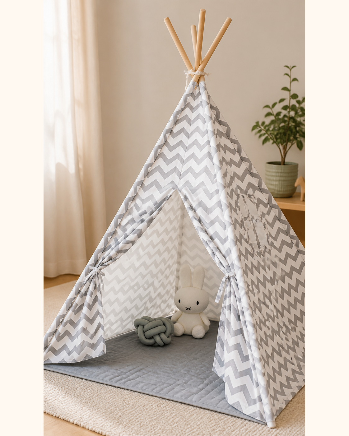 Close-up of the chevron fabric on the Moonlight Sleepover Teepee