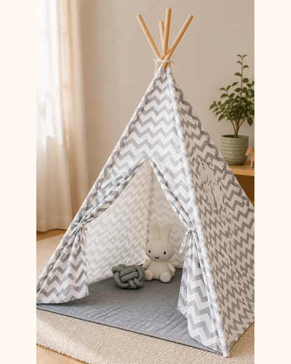Close-up of the chevron fabric on the Moonlight Sleepover Teepee