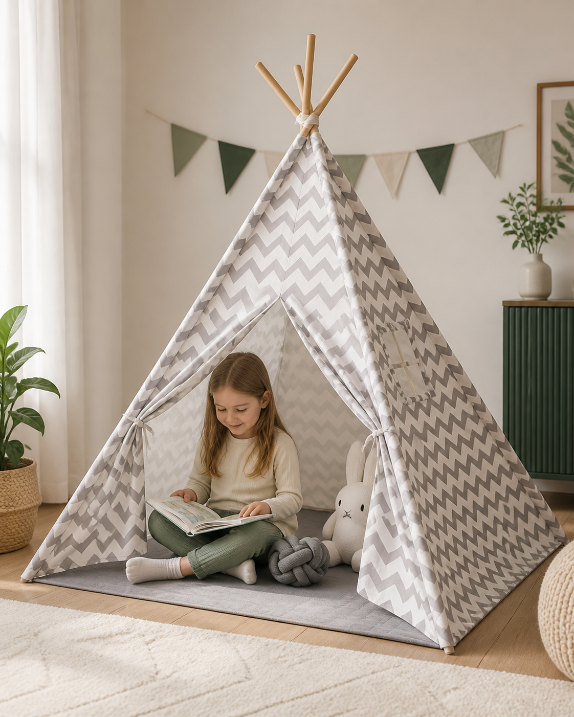 Child playing inside the Moonlight Sleepover Teepee