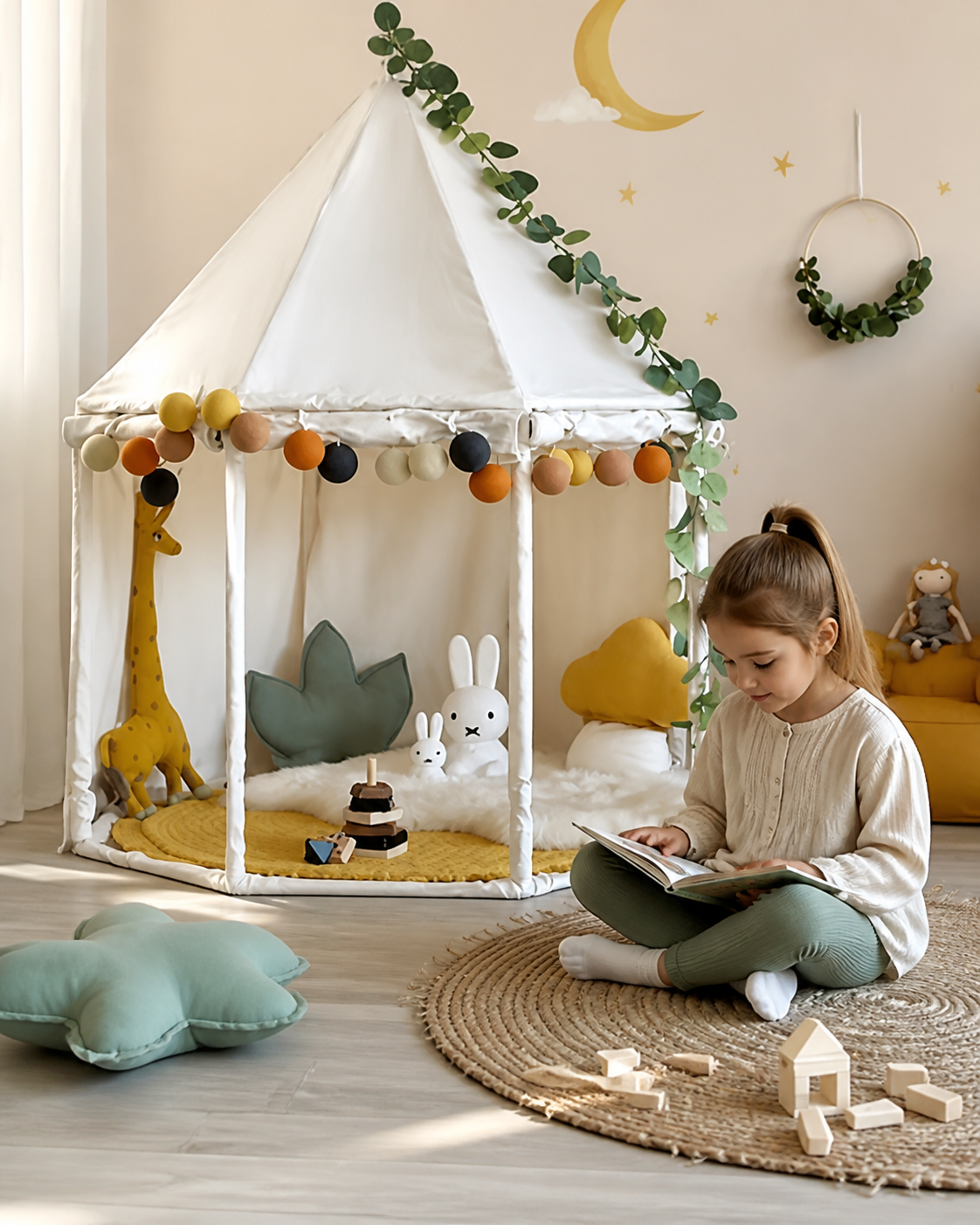 Child reading inside the Nordic Round Reading Tent