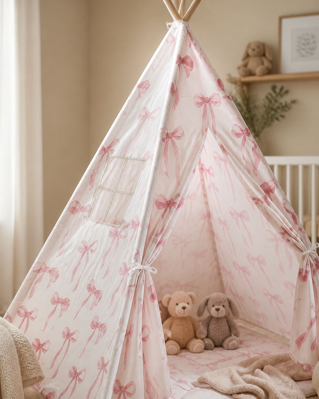 Close-up of the pink pattern and bow detail on the Rosebud Bow Teepee