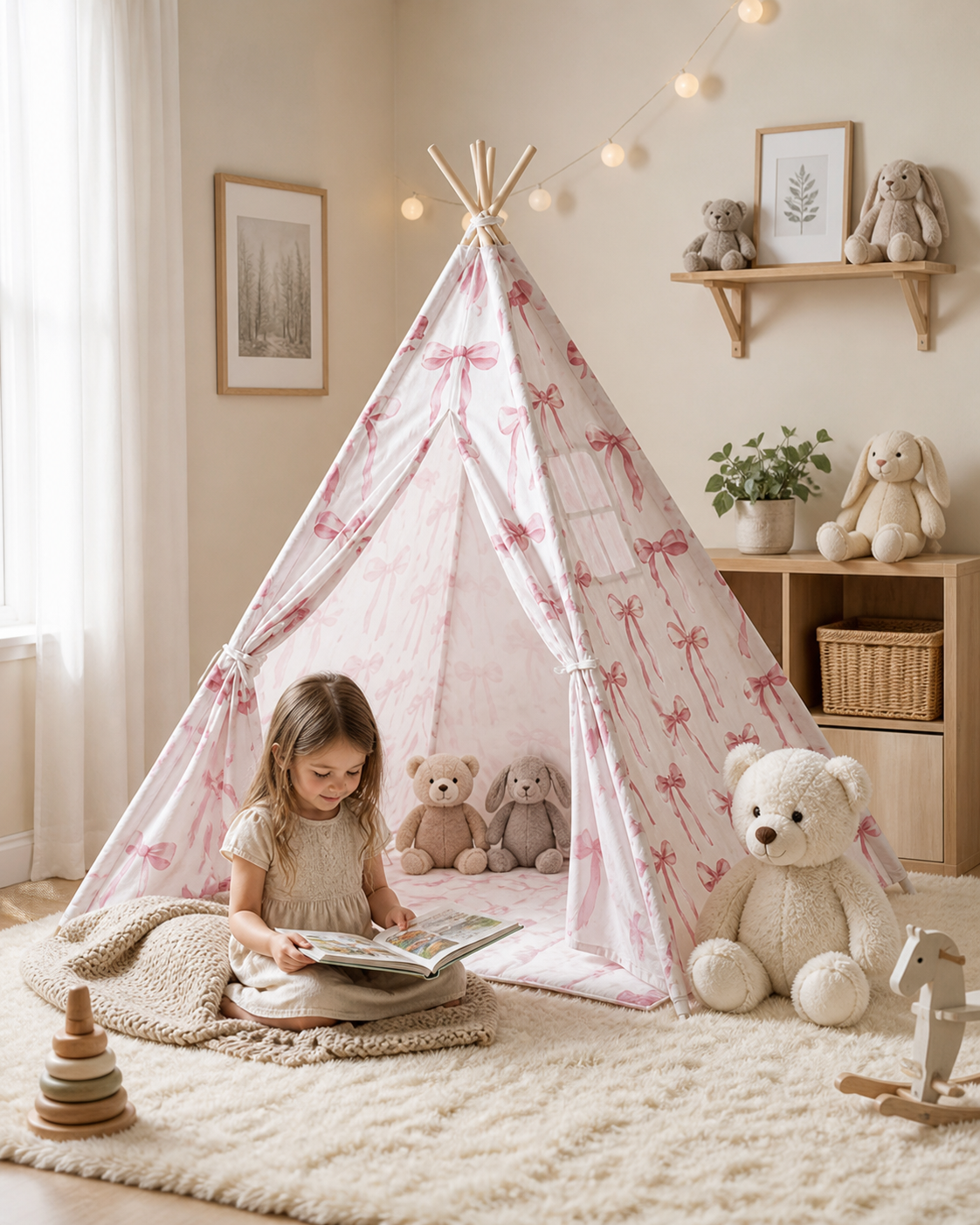 Child playing inside the Rosebud Bow Teepee