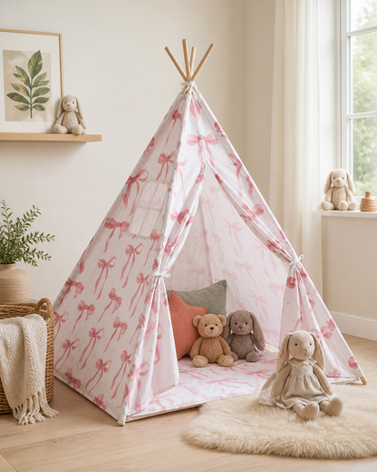 Rosebud Bow Teepee styled in a soft pink and cream nursery