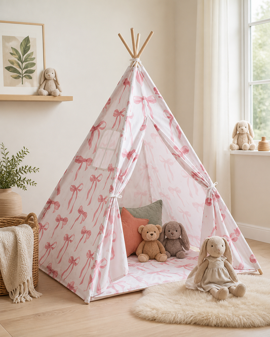 Rosebud Bow Teepee styled in a soft pink and cream nursery