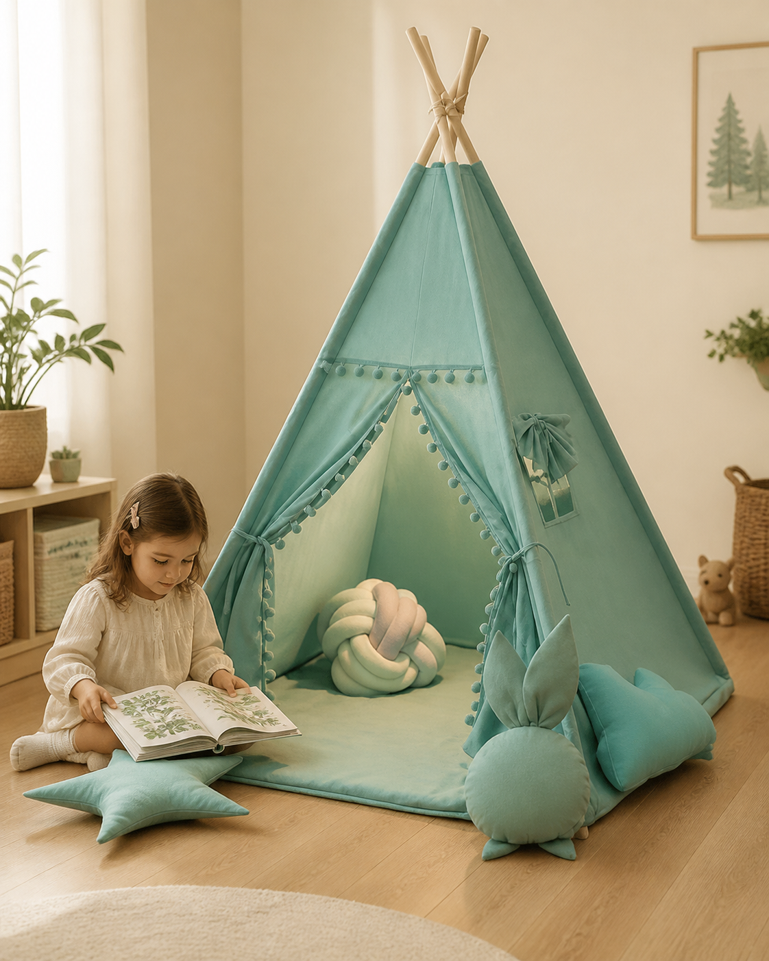 Child playing inside the Sage Pom-Pom Teepee