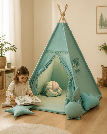 Child playing inside the Sage Pom-Pom Teepee