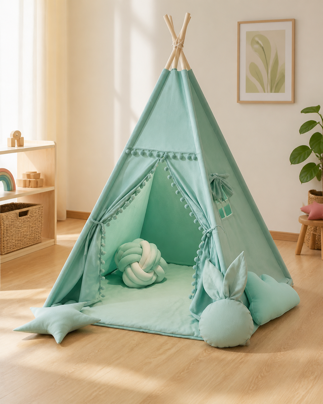 Sage Pom-Pom Teepee styled in a calm neutral playroom