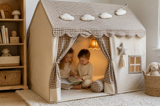 Styled at-home scene: Gingham Cottage Playhouse
